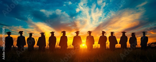 Graduates Silhouetted Against Sunset Sky