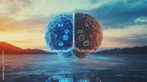 A brain image split into analytical and emotional sides, showing icons for logic and empathy, illustrating the balance between intellect and feelings. photo