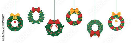 Christmas banner of festive hanging Christmas wreathes on white background. Vector flat illustration. 