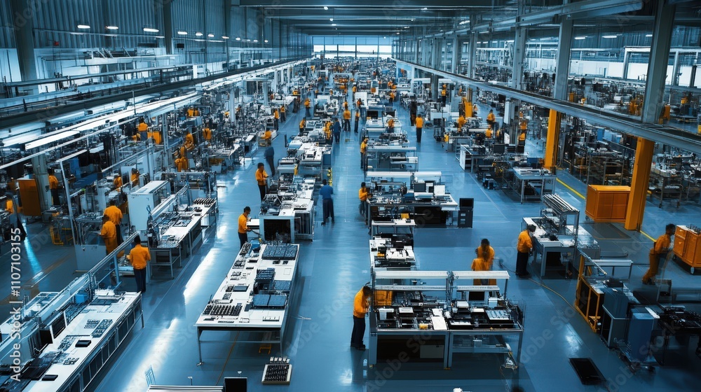 A bustling factory floor in the electronics industry, filled with high-tech equipment and workers assembling circuit boards and devices A bustling factory floor in the electronics industry, filled with high-tech equipment and workers assembling circuit boards and devices