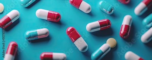 A vibrant arrangement of colorful capsules on a blue background, showcasing various shapes and sizes of medicinal pills.