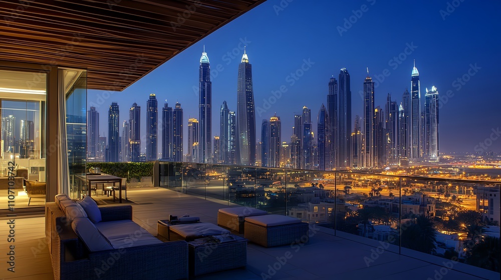 Obraz premium Stunning skyline view of modern skyscrapers at night in Dubai.