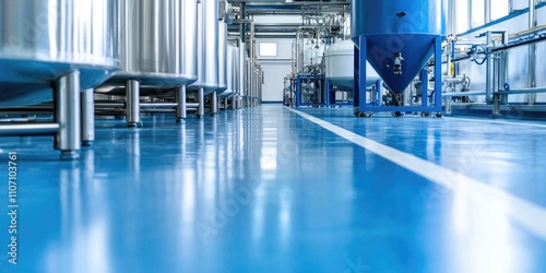 A modern industrial facility featuring stainless steel tanks and a clean, blue floor, showcasing an organized production area.