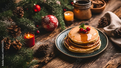 Christmas morning breakfast table with pancakes, syrup, and holiday-themed decor, copy space