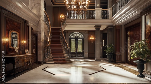 Elegant interior view showcasing a grand staircase and chandelier.