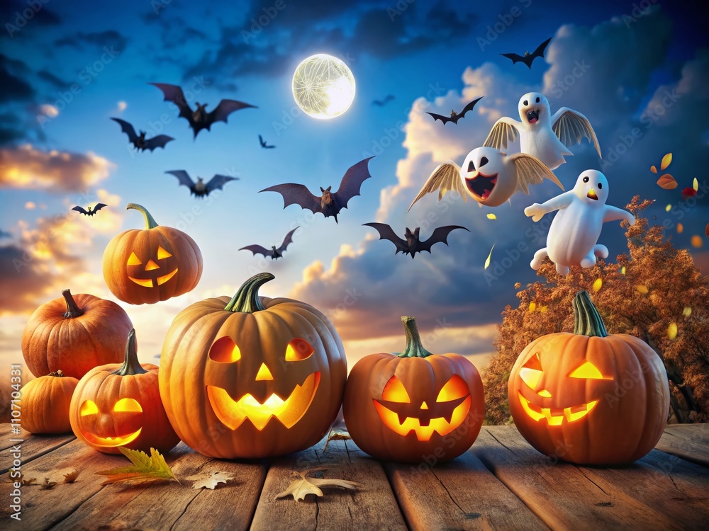 Spooky Halloween Themed Scene with Jack-o'-lanterns, Ghosts, and Bats Under a Bright Blue Sky Perfect for Fall Celebrations and Seasonal Decorations