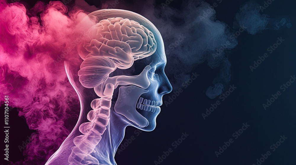 A translucent skull in profile reveals intricate brain structures, surrounded by colorful smoke, symbolizing the connection between mind and body. A translucent skull in profile reveals intricate brain structures, surrounded by colorful smoke, symbolizing the connection between mind and body.