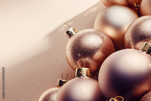 Close-up of metallic rose gold Christmas ornaments. A minimalist composition of glossy and glittery baubles with a soft shadowed background.
