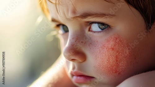 A close-up of a child with a red rash on their skin due to an allergic reaction from a bee sting.