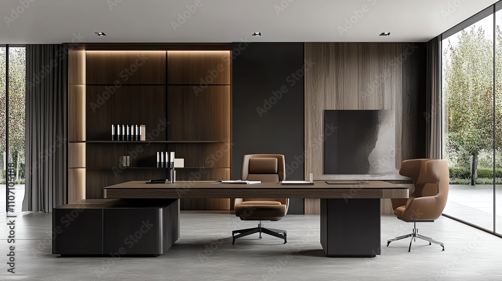 Modern office interior featuring a sleek design and earthy tones. Modern office interior featuring a sleek design and earthy tones.