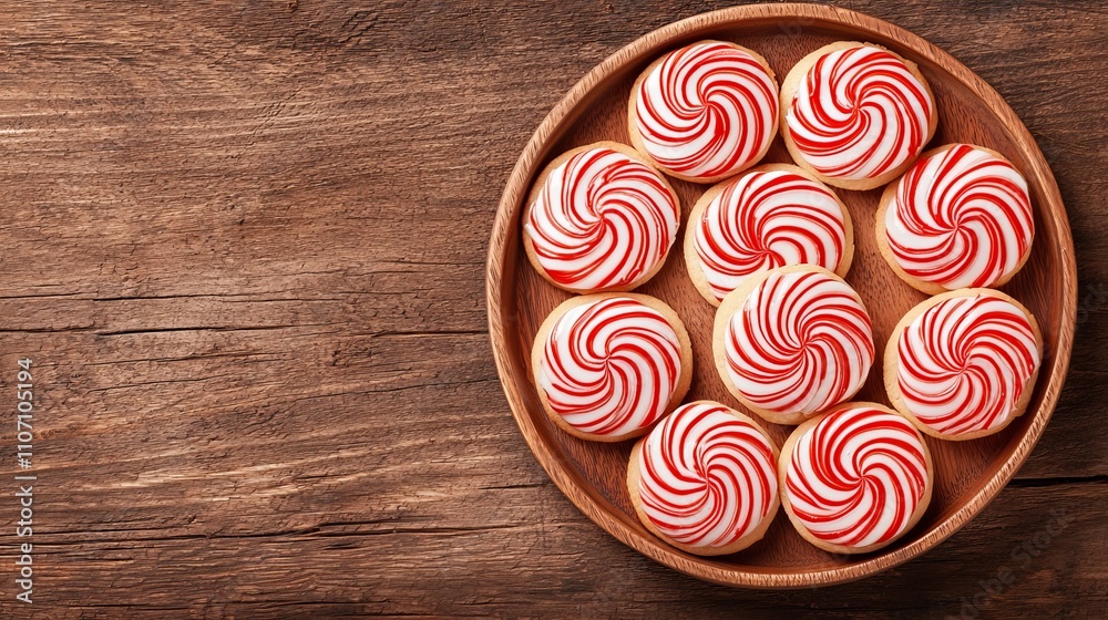 Creative holiday-themed peppermint swirl cookies with a candy cane look, detailed red and white stripes on a rustic background Creative holiday-themed peppermint swirl cookies with a candy cane look, detailed red and white stripes on a rustic background