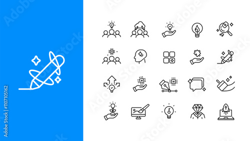 Creative innovation web icon set in linear style. Creative business solutions icons. Creative idea, solution, brainstorming, invention. Editable stroke.