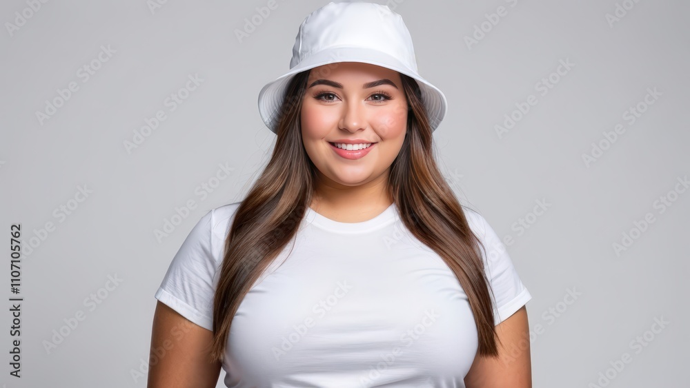 Plus size young woman wearing white t-shirt and white bucket hat isolated on grey background Plus size young woman wearing white t-shirt and white bucket hat isolated on grey background
