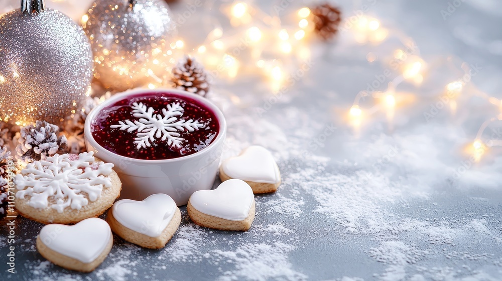 Creative shot of linzer cookies with raspberry jam, cut-out stars, heart shapes, surrounded by Christmas decor and a cozy winter backdrop Creative shot of linzer cookies with raspberry jam, cut-out stars, heart shapes, surrounded by Christmas decor and a cozy winter backdrop