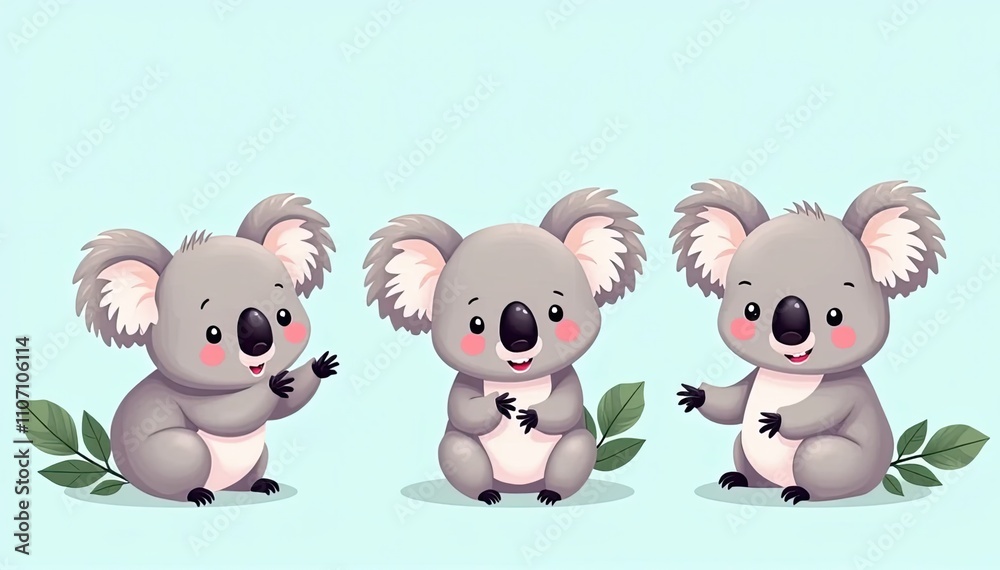 Two cute koala illustrations sitting together with soft colors, perfect for decor or designs.