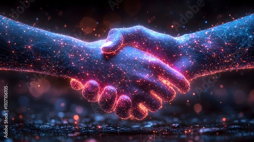 A digital handshake that is supposed to symbolize the cooperation between humans and robots, glowing blue and purple