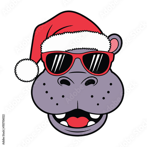 Cool Hippo with Santa Hat and Sunglasses