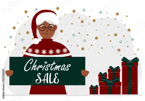 A woman in a sweater and a red Santa hat holds a poster with the text about Christmas sale in his hand. Vector flat illustration