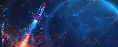 Rocket launching into space over a digital globe