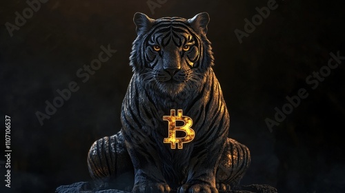 A striking front-facing image of a powerful tiger with a glowing Bitcoin emblem on its chest. The dark and moody background accentuates the bold symbolism of the cryptocurrency and the fierce nature photo