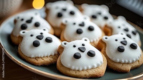 Cute polar bear cookies decorated with white icing, black candy used for eyes and nose, set on a rustic wooden table with Christmas ornaments around