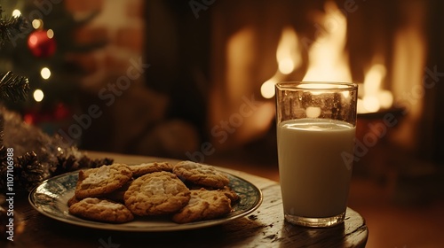  plate of cookies and a glass of milk left out for Santa by the fireplace, copy space 