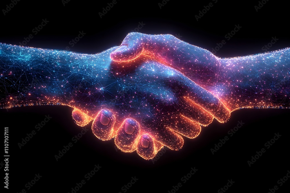 A digital handshake that is supposed to symbolize the cooperation between humans and robots, glowing blue and purple A digital handshake that is supposed to symbolize the cooperation between humans and robots, glowing blue and purple