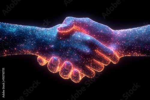 A digital handshake that is supposed to symbolize the cooperation between humans and robots, glowing blue and purple photo