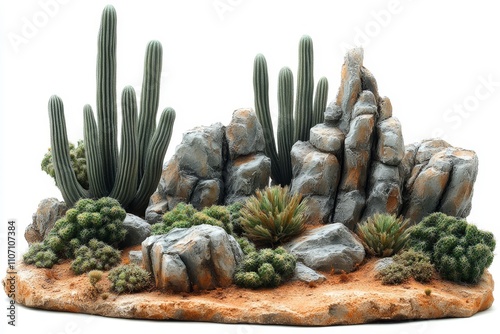 Miniature Desert Landscape: Cacti, Rocks, and Arid Beauty photo