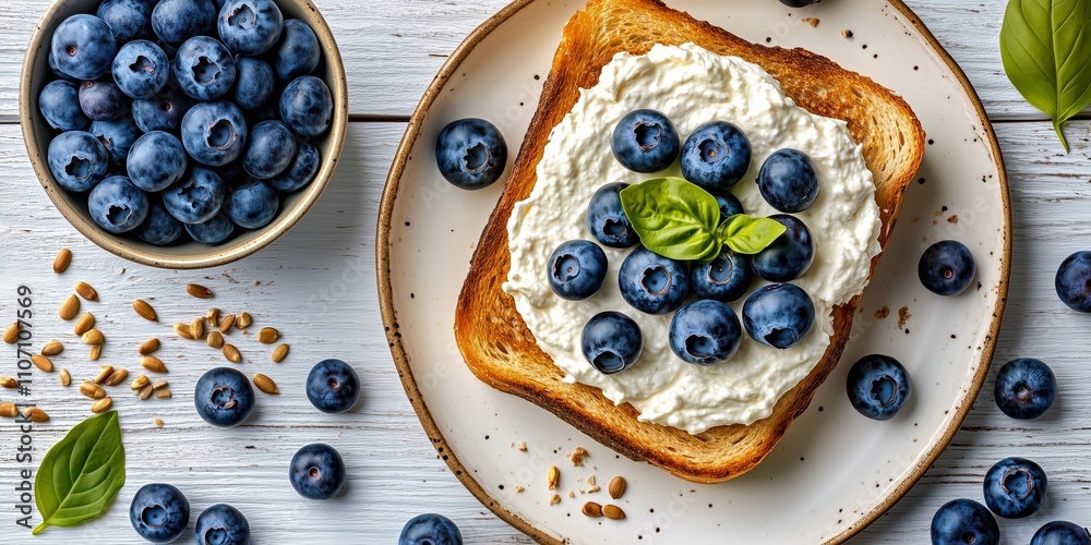 Delicious healthy breakfast featuring fresh blueberries, cream cheese, and whole-grain bread Delicious healthy breakfast featuring fresh blueberries, cream cheese, and whole-grain bread