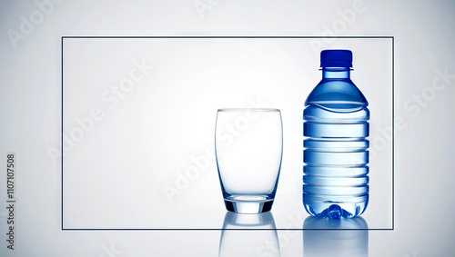 Health warning with guidelines concept. Clear glass next to a blue water bottle against a light background. photo