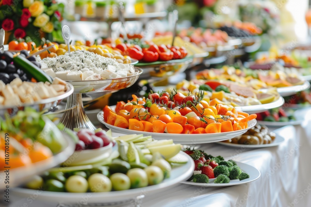 Appetizer Buffet. Catering Banquet Table with Stunning Assortment of Snacks and Epicure Delights Appetizer Buffet. Catering Banquet Table with Stunning Assortment of Snacks and Epicure Delights