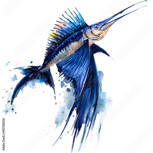 A watercolor vector of a Sailfish, isolated on a white background. Sailfish vector.