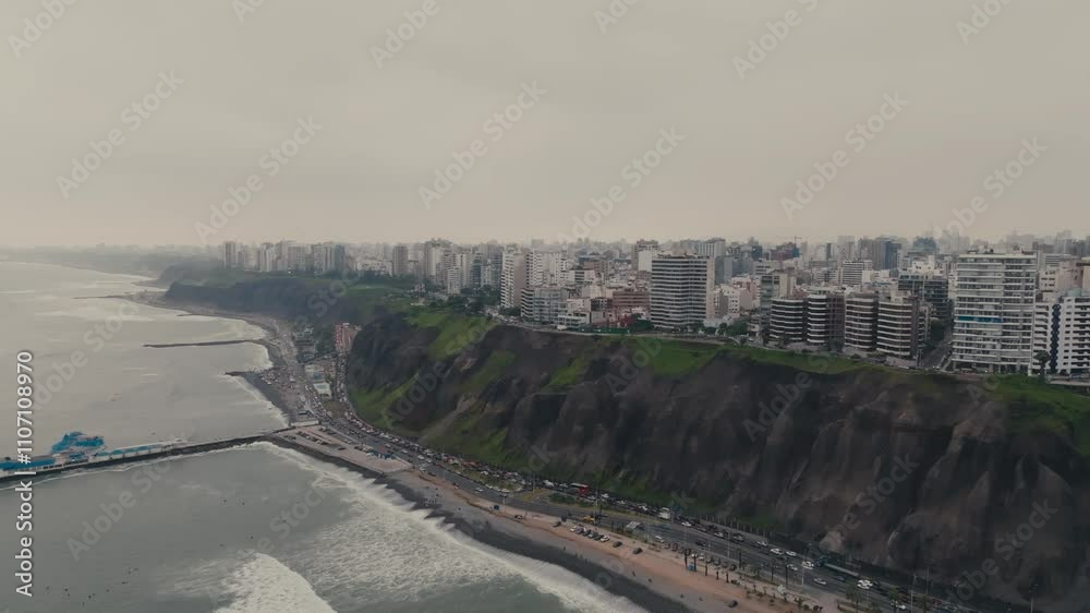 A View of the Waterfront Cityscape in the Miraflores Area of Lima, Peru - Aerial Drone Shot A View of the Waterfront Cityscape in the Miraflores Area of Lima, Peru - Aerial Drone Shot
