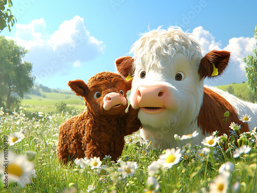 Happy Highland cow and calf in daisy field. photo