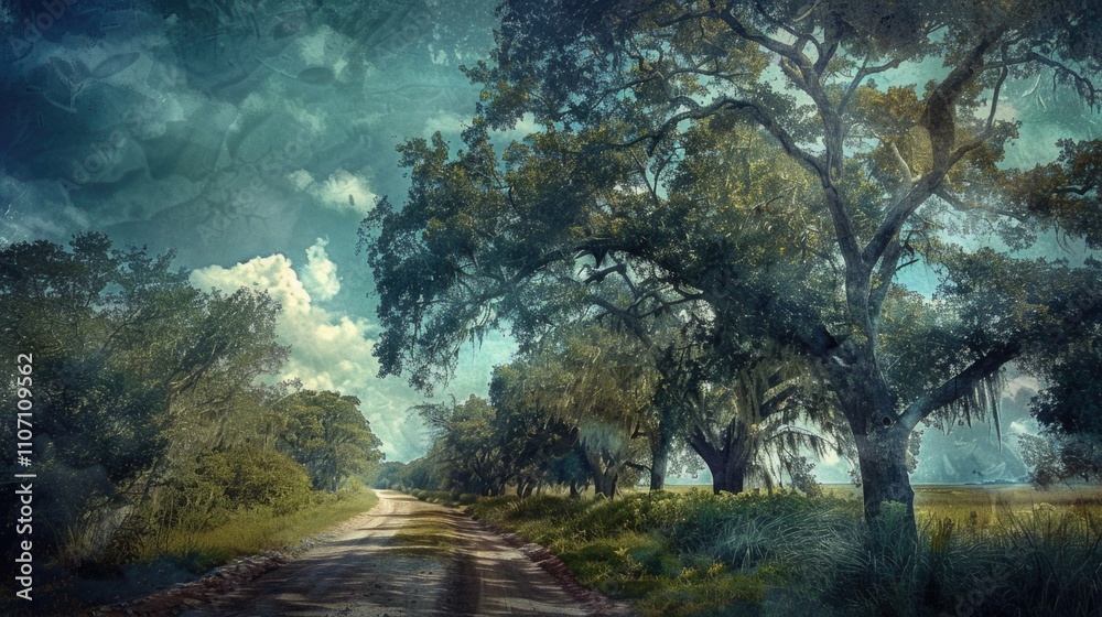 Fototapeta premium Beautiful Magnolia Trees: Carolina Landscape with Greenery and Eerie Atmosphere