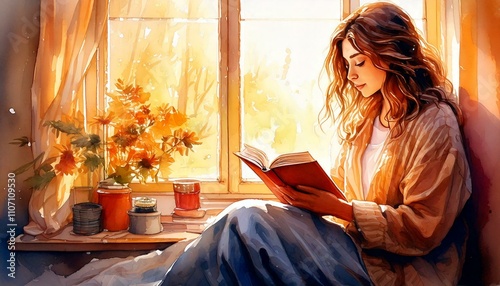 Cozy watercolor scene of a person reading by a window, with warm sunlight streaming in.