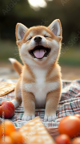 Happy Shiba Inu puppy on picnic blanket with fruits and crackers. photo