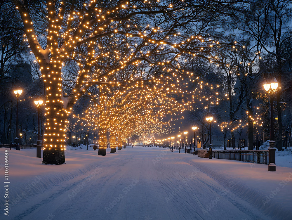 Snow-covered path with illuminated trees at night. Snow-covered path with illuminated trees at night.