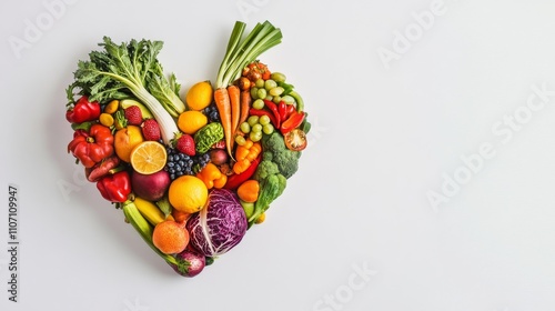 Fototapeta Naklejka Na Ścianę i Meble -  A human heart made of vegetables and fruits on a white background, Creative and health-conscious style, photo of