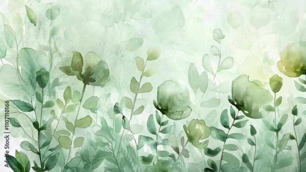 Watercolor plant background in pastel green tones