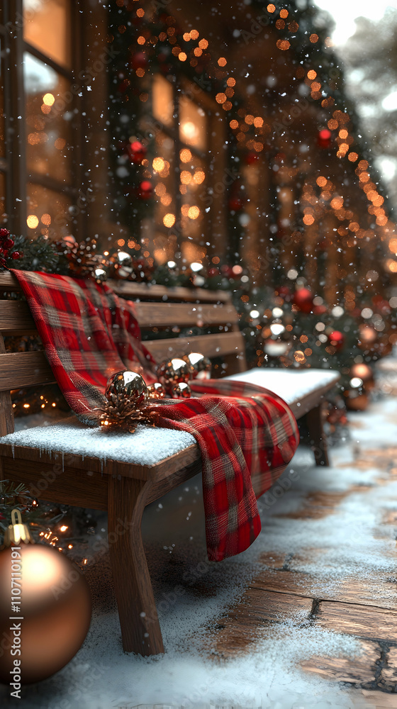 Snowy Christmas bench with plaid blanket and ornaments. Snowy Christmas bench with plaid blanket and ornaments.