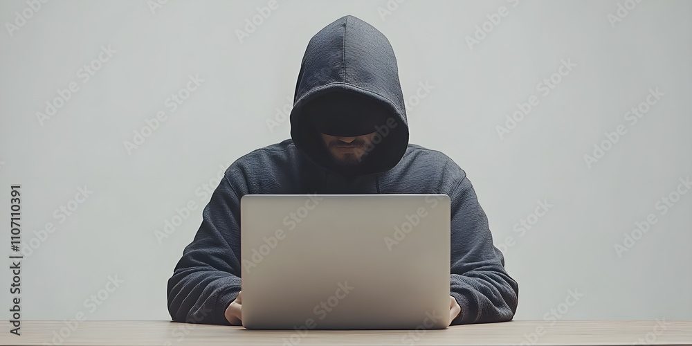 A hacker in a black hoodie is sitting at a sliver laptop and typing on the keyboard. White background A hacker in a black hoodie is sitting at a sliver laptop and typing on the keyboard. White background