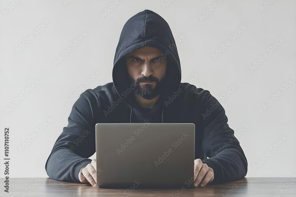 A hacker in a black hoodie with their face hidden is sitting at a sliver laptop and typing on the keyboard A hacker in a black hoodie with their face hidden is sitting at a sliver laptop and typing on the keyboard