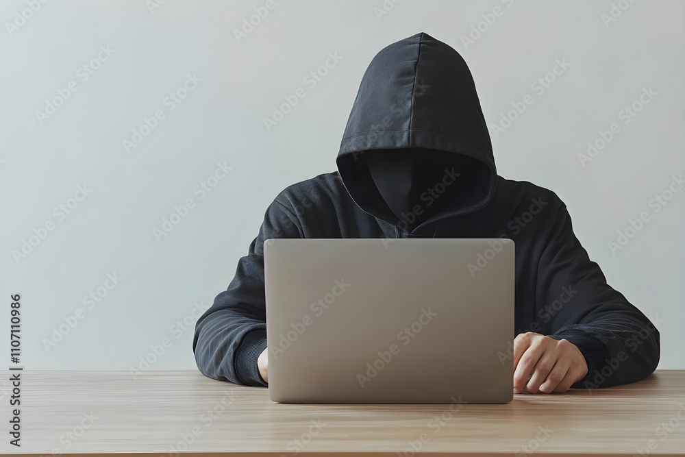 A hacker in a black hoodie with their face hidden is sitting at a sliver laptop and typing on the keyboard A hacker in a black hoodie with their face hidden is sitting at a sliver laptop and typing on the keyboard