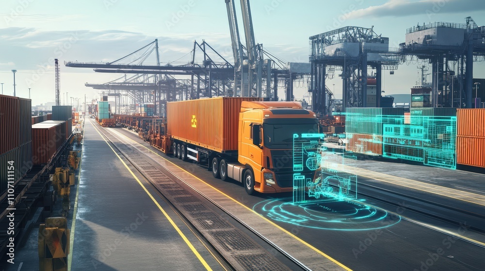 Fototapeta premium A digital view of freight forwarding, tracking containers as they move between ships, railways, and trucks.