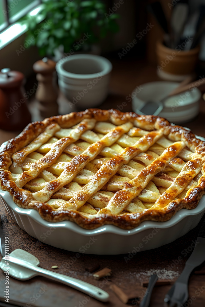 Homemade apple pie in a white ceramic dish on a wooden table. (1) Homemade apple pie in a white ceramic dish on a wooden table. (1)