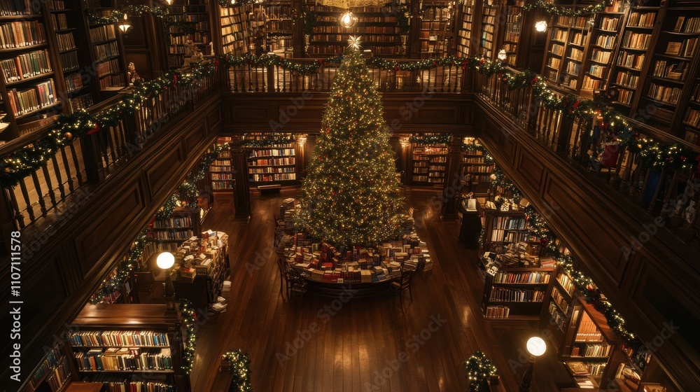 Fototapeta premium Festive Library with Christmas Tree and Holiday Decorations in Cozy Atmosphere, Warm Lights Reflecting Elegant Woodwork in Classic Architecture