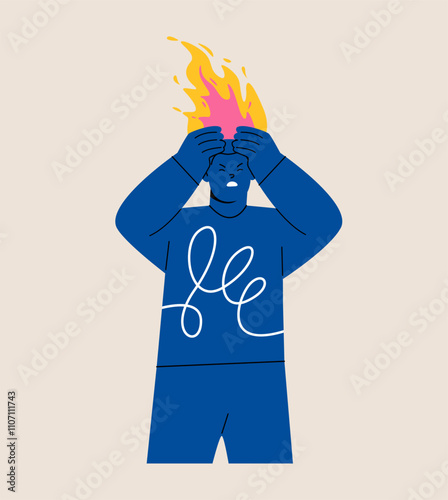 Man with fire on head. Bad mood. Negative emotion. Colorful vector illustration