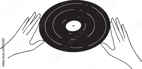 Hands Holding a Vinyl Record Simple Line Illustration.